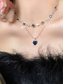 2件套黑色水晶心形项链，性感双层颈链，女士珠宝礼物 - 黑色愛心 - 查看 5