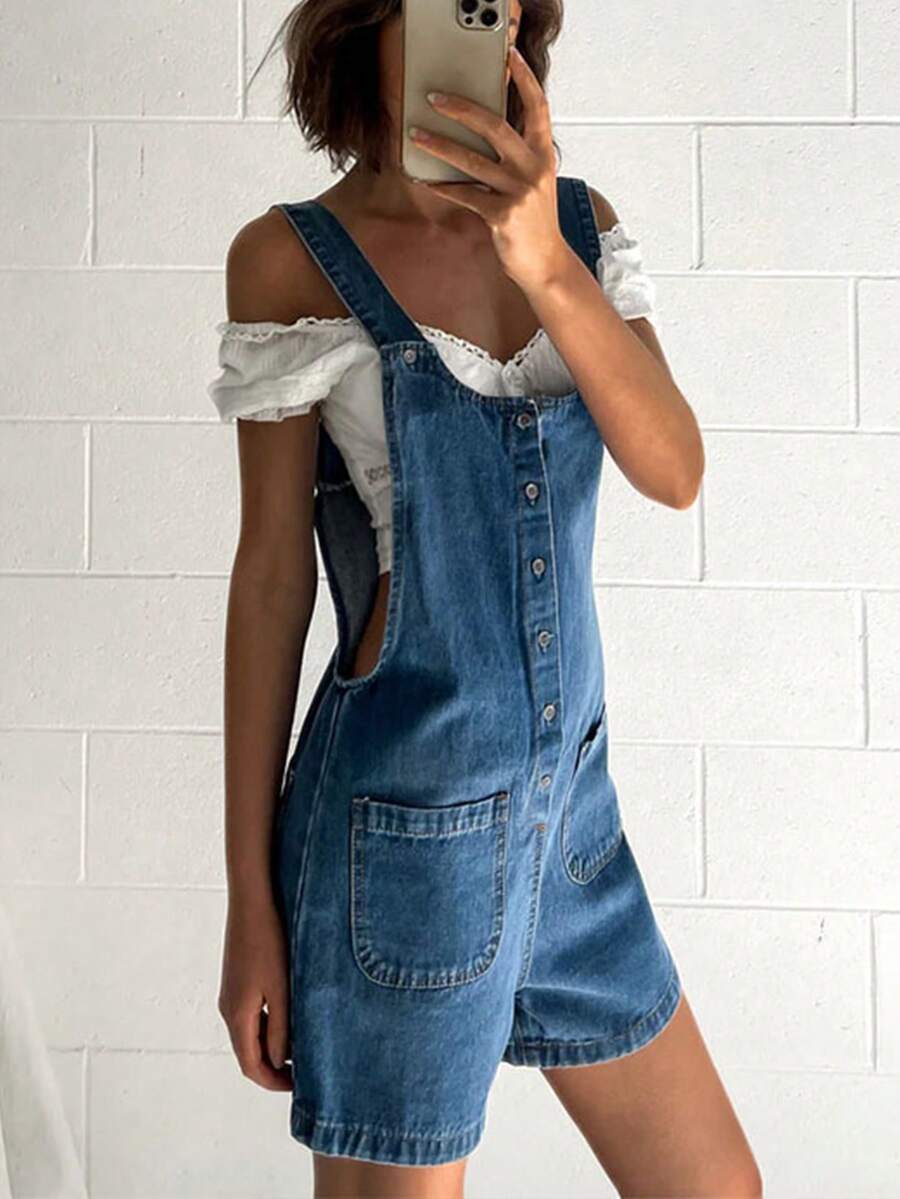 Women's Classic Denim Overalls - Button Front Shorts, Relaxed Fit, Pure Color Vintage Wash - Dark Wash - View 1
