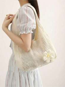 ​Boho Chic Crochet Tote Bag | One-Shoulder Woven Beach Bag For Vacation Vibes, Lightweight & Stylish Day-To-Day Carryall - Màu be - Xem 2