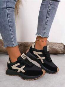 Women's Platform Sneakers, Casual Lace Up Outdoor Shoes, Comfortable Low Top Sport Shoes For Fall - Black - View 4