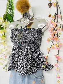 T104 Floral Top With Tie Closure At The Chest. - 黑色 - 查看 4