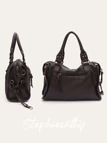 STEPHIECATHY Retro Casual Cool Street Unisex Style Handbag Soft Brush Off Washed PU Vegan Leather Zipper Closure Zip Pockets Braid Decor Large Capacity Small Size Tote Adjustable Long Strap Cross Body Shoulder Bag Top-Handle Purse Women Daily College Commute Travel Versatile - Multicolor - View 9