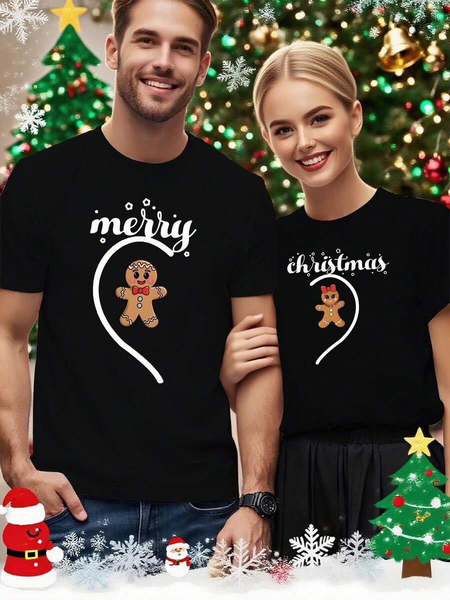 1PC envío local/camiseta de manga corta de cuello redondo estilo pareja con estampado de patrón de pareja, cómoda y a la moda, adecuada para uso diario casual, el mejor regalo para el Día de San Valentín - Hombres - Negro - Ver 1