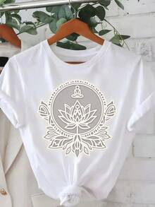 Camiseta casual holgada para mujer de cuello redondo y manga corta con estampado de flor de loto - Blanco - Ver 1