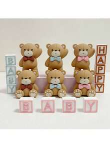 1个软橡胶小熊蛋糕装饰插牌，粉色、蓝色、棕色可选，生日蛋糕装饰道具，字母“生日快乐”，坐姿和站姿小熊，可爱小熊蛋糕装饰配件，ins风，适合小熊主题派对、生日派对、洗礼、性别揭晓派对、百日庆、一周岁生日派对蛋糕装饰。（请搭配托盘使用） - 多色 - 查看 4