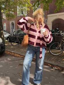 Áo khoác len cardigan dài tay dành cho nữ, phối họa tiết sọc, cài cúc, đa năng, thích hợp mặc đi biển, nghỉ mát, mặc hàng ngày, dự tiệc trà, mùa thu/đông. - Nhiều màu - Xem 6