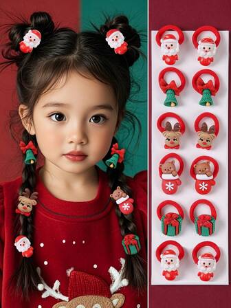 10pcs/Set Baby Girls' Christmas Hair Scrunchies, Santa Claus/Christmas Tree/Snowman/Bell Elements Cute Hair Accessories, Elastic Hair Ties, Hair Decorations