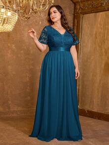 XUIBOL 高品质弹力优雅雪纺刺绣拼接超修身大码V领晚礼服，适合约会、婚礼、派对、生日、周年纪念、鸡尾酒会、正式晚宴、婚礼宾客、单身派对、假期、夏秋季等场合。 - 水鴨藍 - 查看 9