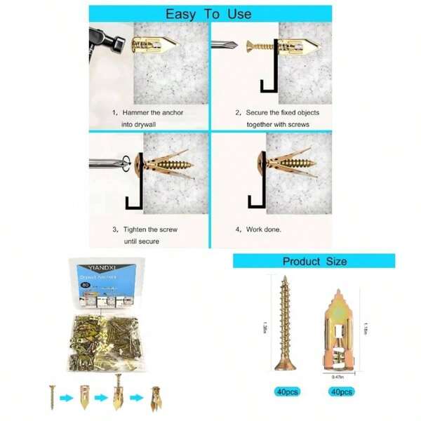 80 Pcs Metal Expansion Bolt Drywall, Upgrade Drywall Anchors, No Drill Or Holes In Wall, Easy To Install And Widely Applied, 40 Wall Anchors Drywall 40 Self Tapping Screws