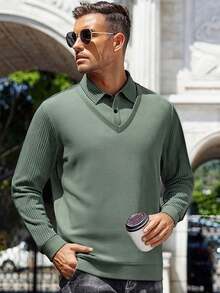 Men's Long Sleeve Striped Polo Shirt, Suitable For Light Business Travel, Autumn/Winter - Army Green - View 4