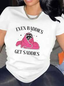 Camiseta Casual de Manga Corta con Cuello Redondo y Estampado de Dibujos Animados para Mujer, 100% algodón 95% Spandex 5%, Tejido de Punto, Elasticidad Media, Estilo Deportivo para Todas las Estaciones - Blanco - Ver 2