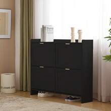 Modern Shoe Cabinet With 4 Hinged Doors, Freestanding Shoe Rack, Open Shelves, Suitable For The Entrance Area Or Hallway, White, Dimensions: W110/H90/D24