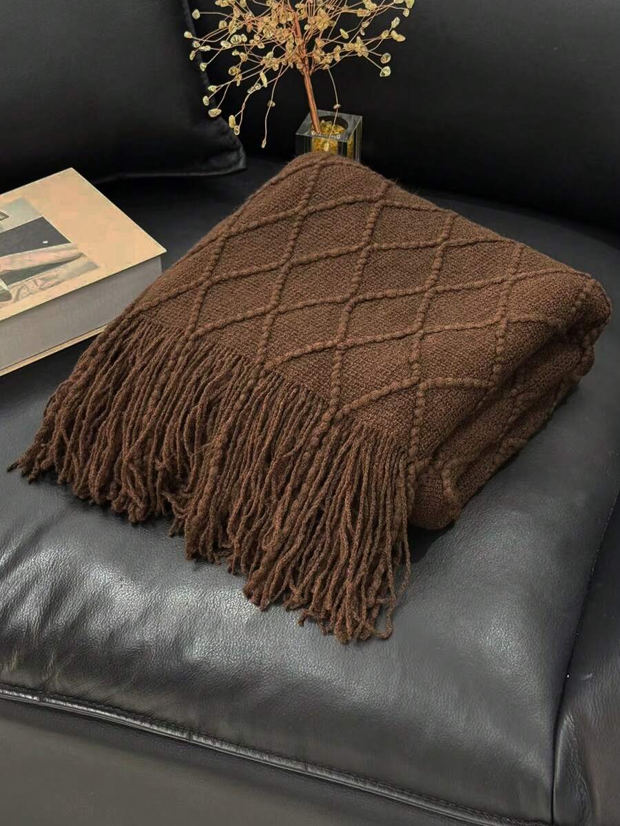 1pc Solid Color Diamond Plaid Knitted Blanket, Nordic Style Acrylic Rectangular Minimalist Sofa Cover Throw Blanket, Bedroom Leisure Knit Blanket - Coffee - View 1