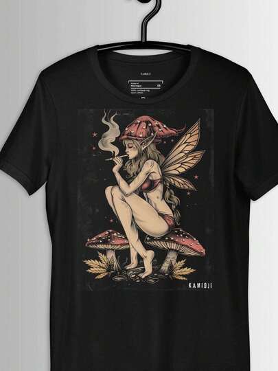 Camiseta de estilo bohemio con diseño de niña rubia y estudiante de piedra, estilo local y fantasía de hongo, con arte de hongo vibrante, cuello redondo de algodón negro, para uso casual en todas las estaciones para adultos.