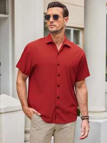 Men's Basic Plain Short-Sleeved Dress Shirt For Summer - Red - View 2