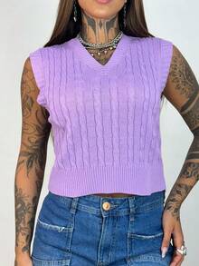 Knitted Sweater Vest With Braided Detail And V-Neck - tử đinh hương - Xem 3