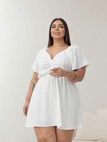 Plus Size Romper With Drawstring And Shorts. - 白色 - 查看 2