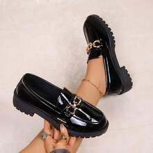 2024 Nuovi Arrivi Primavera/Autunno, Stile Britannico, Mocassini da Donna con Tacco Chunky in Pelle Verniciata - nero - Visualizzare 3