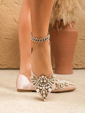 Damen Bequeme Slip-On Flache Schuhe mit Kunstperlen Verzierung für den Alltag in allen Jahreszeiten