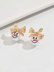 1 Pair Golden Bow Exquisite Snowman Dangle Earrings - Faux Pearl, Rhinestone Snowflakes, Tassel Accents, Christmas Style, Xmas Holiday Gift, Ear Jewelry With Dangle Design, Festive Holiday Accessories - Multicolor - View 2