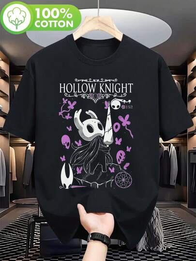 Camiseta corta de manga negra para hombre con estampado gráfico de Hollow Knight y texto - 100% algodón, ajuste regular, estilo casual para verano, actividades al aire libre, gimnasio y entrenamiento - Lavable a máquina, ropa temática de juegos, tejido transpirable, atuendo de verano, estilo streetwear, camisa ligera, camisa estampada, apta para entusiastas del fitness. Ideal para todas las estaciones, el regalo perfecto para darle.
