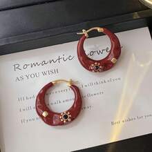 French Vintage-Inspired Chic Hoop Earrings - Black & Red Enamel, Sparkling Rhinestones, Zinc Alloy, Copper Posts For Everyday & Party Wear - 紅色 - 查看 7