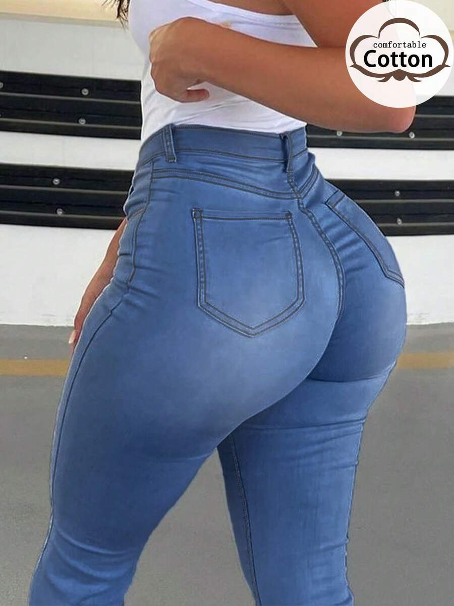 Y2K 女式喇叭牛仔裤，修身弹力中蓝色长裤，街头风，优雅时尚，休闲百搭春季下装