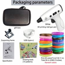 一套3D打印热熔笔枪，兼容直径1.75mm的PLA/ABS耗材，具有三级循环控制、液晶显示屏，包含60米PLA耗材套装，采用5V2A/TYPE-C接口连接，无需电池，适用于成人3D艺术打印建模，男女皆宜的DIY涂鸦绘画笔，是万圣节、圣诞节、感恩节和生日的绝佳礼物。