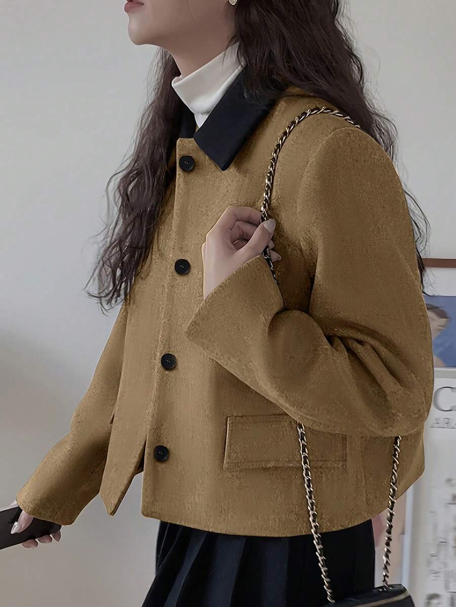 Women's Autumn/Winter Short Contrast Color Collar Overcoat - Khaki - View 1