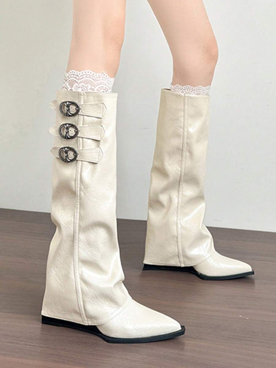 Bốt cao đến đùi màu trắng kiểu Pháp dành cho nữ, bốt cao gót mũi nhọn xếp ly, bốt giữ ấm chân thời trang
