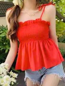 T109 Short Top With Straps And Ruffles - Red - View 2
