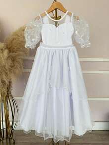 Vestido Infantil Branco Busto C/ Renda Daminhas Festas Luxo