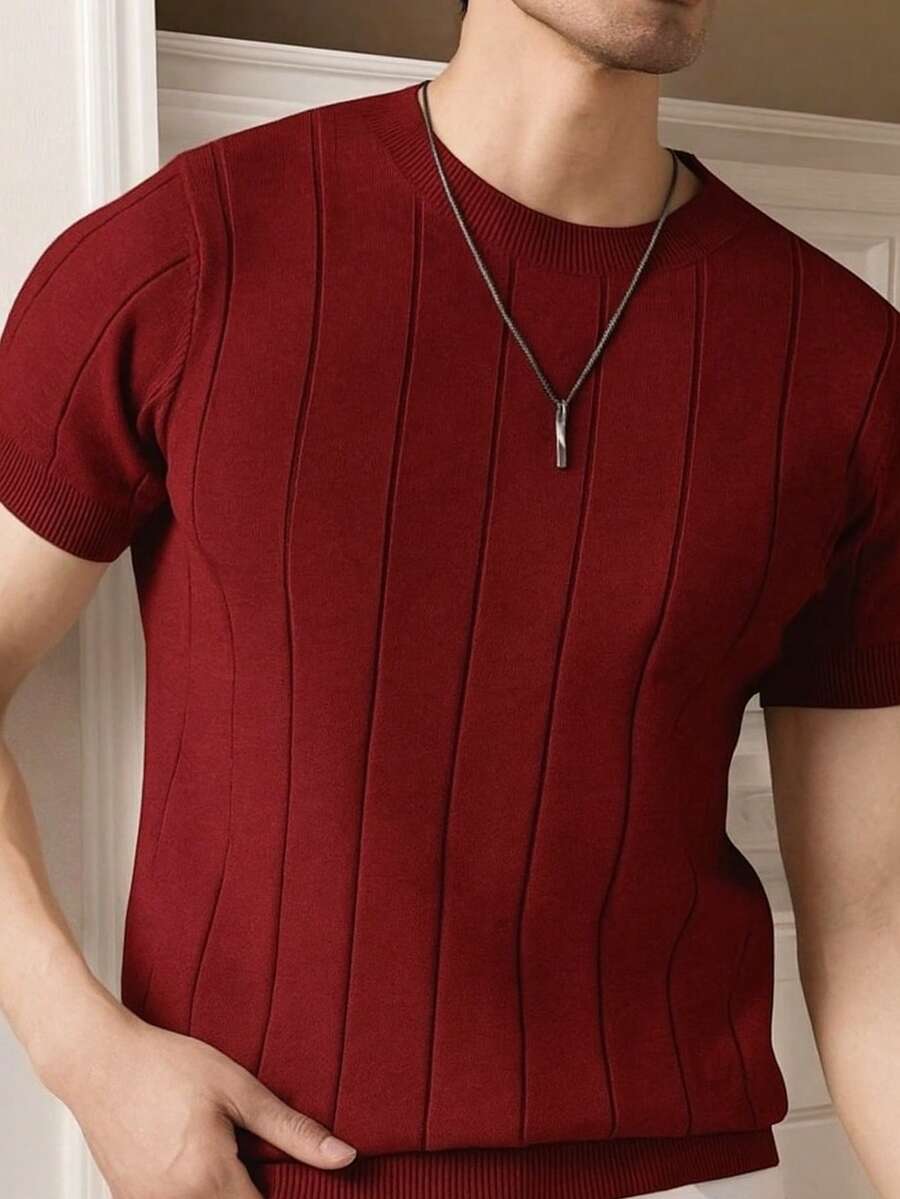Men's Casual Short-Sleeve Crew Neck Solid Color Knit T-Shirt - Gỗ đỏ - Xem 1