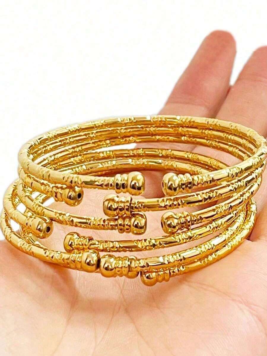 6 piezas Pulseras tipo brazalete de 3mm, estilo Dubai, dorado, joyería de boda, regalo - oro - Ver 1