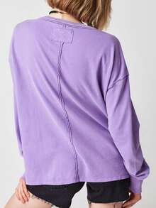 Camiseta de manga larga con cuello redondo y bolsillo, ajuste holgado y versátil, top tipo pullover de corte slim - Púrpura malva - Ver 3