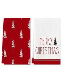 2pcs Christmas Kitchen Towel Set, Merry Christmas Dish Towels, Ultra Soft Polyester Blend, Modern Design, White And Red Christmas Tree Decor,