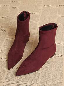 2024年初秋新款方头粗跟时尚高跟踝靴，女款，秋冬款，酒红色鞋跟 - 酒紅色 - 查看 2