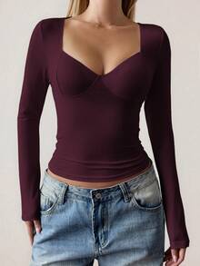 Blusa de mujer Vaiaye de ajuste ceñido, escote en V profundo, manga larga, unicolor, camiseta de punto, adecuada para usar en el Día de San Valentín, casual de primavera - Púrpura - Ver 7