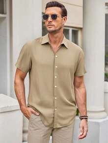 Men's Basic Plain Short-Sleeved Dress Shirt For Summer - Beige - View 1