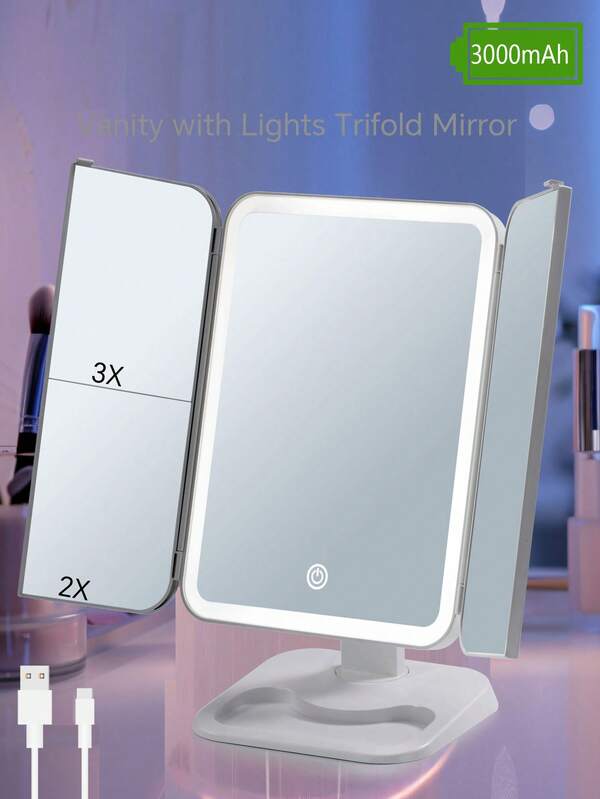 Specchio per trucco a LED con schermo touch, 3 modalità di illuminazione, supporto portatile e specchio compatto pieghevole con ingrandimento 3x 2X, specchio da tavolo per toeletta, decorazione per casa, camera da letto, bagno, articoli da viaggio, matrimonio, festa, compleanno, regali per uomini, mamme, papà, migliori amici, insegnanti, Capodanno