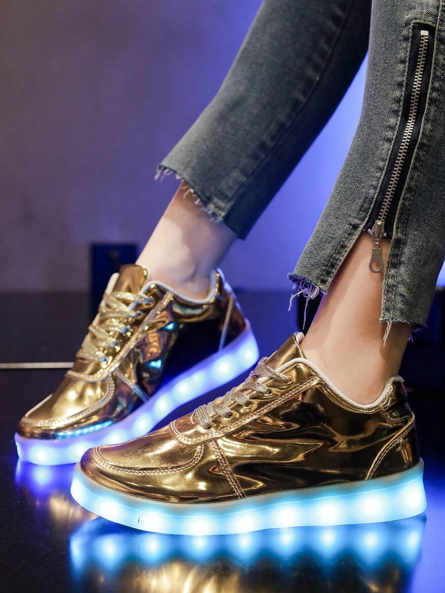 USB充电式LED 16种模式彩色灯光休闲运动鞋，男女通用，发光运动鞋，适合荧光舞蹈、街舞、夜店等场合，成人款，纯色平底鞋，切尔西靴，金属色鞋款