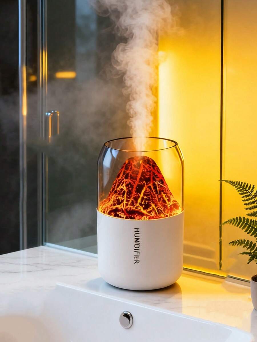 1pc Colorful Volcano Shaped Humidifier, USB Powered, 2 Working Modes, 7-Color LED Light, 180ml Capacity, Volcano Effect Aroma Lamp And Essential Oil Diffuser, Auto Shut-Off, Quiet Mist, Air Freshener For Car, Room, Office, Living Room, Desk, Unisex Daily Gift - 白色 - 查看 1