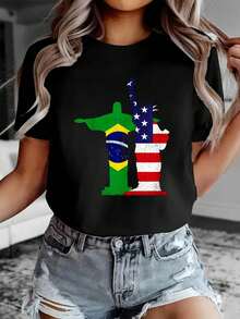 100% Cotton Women Christmas T-Shirt Half Brazilian Half American USA Brazil Culture Flag T-Shirt Print T-Shirt  Comfort Tee Top For Spring & Summer - 黑色 - 查看 1