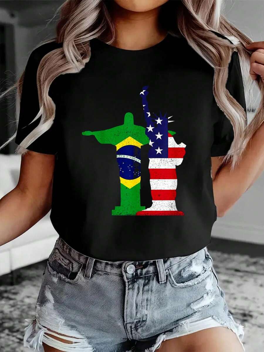 100% Cotton Women Christmas T-Shirt Half Brazilian Half American USA Brazil Culture Flag T-Shirt Print T-Shirt  Comfort Tee Top For Spring & Summer - 黑色 - 查看 1