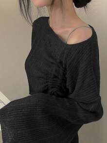 YCYC Women's Korean Style Soft Knit Top With Drawstring Design - Black - View 4