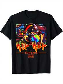 Camiseta de algodón vintage de talla grande para hombres - Impresión gráfica negra 'Hip Hop 50 Años' con auriculares retro y patrones geométricos, tela suave y transpirable, camiseta de manga corta casual de cuello redondo para viajes al aire  fitness, lavable a máquina, camiseta retro, ropa de fitness, camiseta gráfica colorida, ropa cómoda, moda streetwear, material duradero, amantes de la streetwear, TALLA GRANDE - Negro - Ver 1
