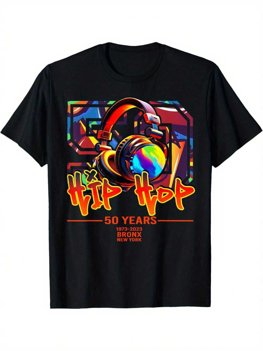 Camiseta de algodón vintage de talla grande para hombres - Impresión gráfica negra 'Hip Hop 50 Años' con auriculares retro y patrones geométricos, tela suave y transpirable, camiseta de manga corta casual de cuello redondo para viajes al aire fitness, lavable a máquina, camiseta retro, ropa de fitness, camiseta gráfica colorida, ropa cómoda, moda streetwear, material duradero, amantes de la streetwear, TALLA GRANDE - Negro - Ver 1