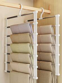 1pc Magic Pants Hanger - Foldable Jeans Rack, Multi-Functional Storage Organizer For Pants, Scarves And Wardrobe Organization (White Trim And Hooks Are Plastic, Rod Is Iron) - Multicolor - View 1