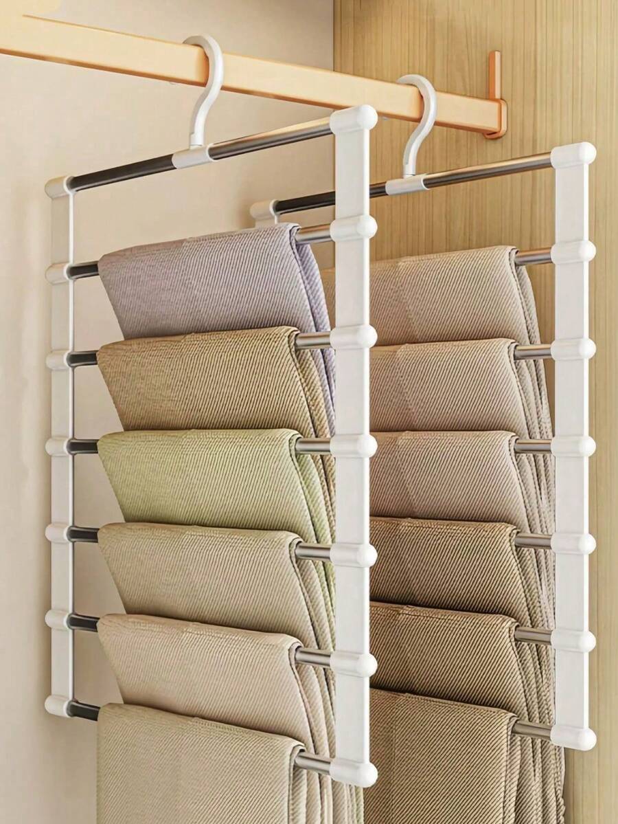 1pc Magic Pants Hanger - Foldable Jeans Rack, Multi-Functional Storage Organizer For Pants, Scarves And Wardrobe Organization (White Trim And Hooks Are Plastic, Rod Is Iron) - Multicolor - View 1