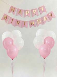 一套粉色生日快乐纸质悬挂三角旗，烫金生日快乐字母横幅，现代金属字母装饰彩旗，适合生日派对装饰、黑金生日主题、室内悬挂、拍照道具、优雅生日快乐、周年纪念装饰，男女皆宜 - 粉色 - 查看 1